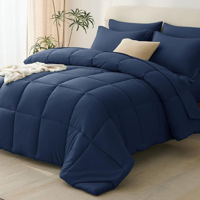 CozyLux Oversized King Comforter Sets Navy Blue, 7 Pieces Bed in a Bag, 120x98 Box Stitched Design Bedding Set, All Season Soft Bed Set with Down Alternative Comforter, Sheets, Pillowcases & Shams