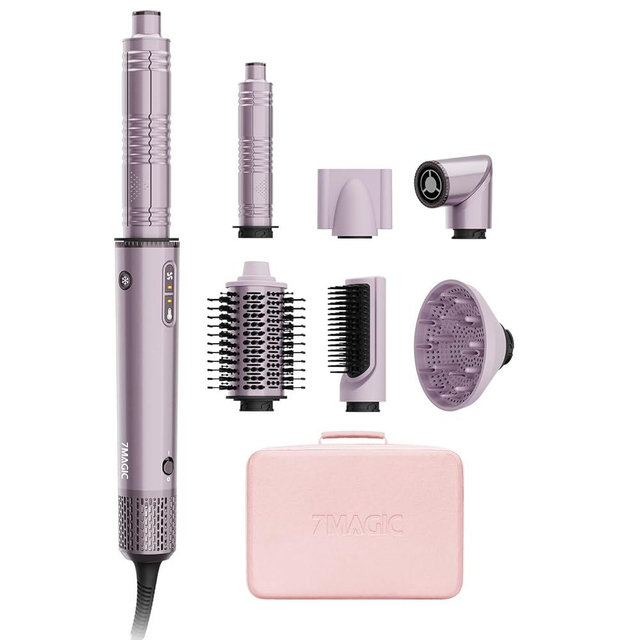 7MAGIC Hot Air Styler Wrap, 7 in 1 Professional Hair Dryer Brush with Auto-Wrap Curlers, Fast Drying Blow Dryer, Volumizing Straightening Styling Multi-Styler No Heat Damage, Travel Case (Purple)