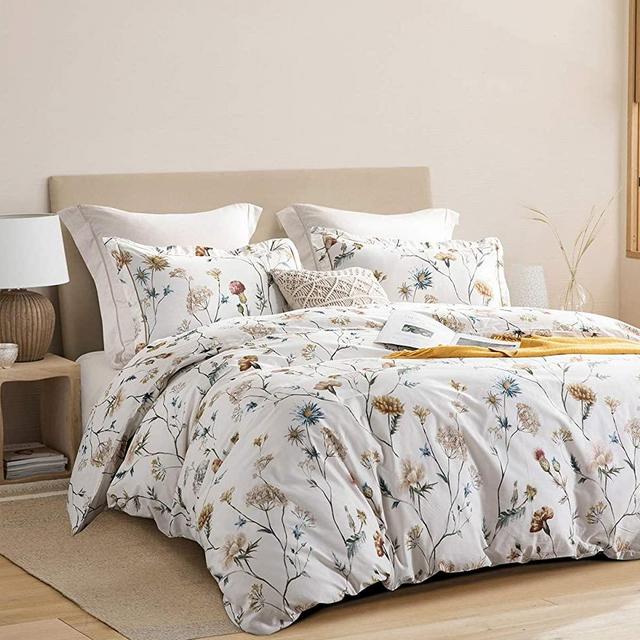 SLEEPBELLA Queen Size Comforter Set White & Yellow Floral Pattern 600 Thread Count Cotton Fabric, Ultra Soft Microfiber Inner Fill Reversible Bedding Set