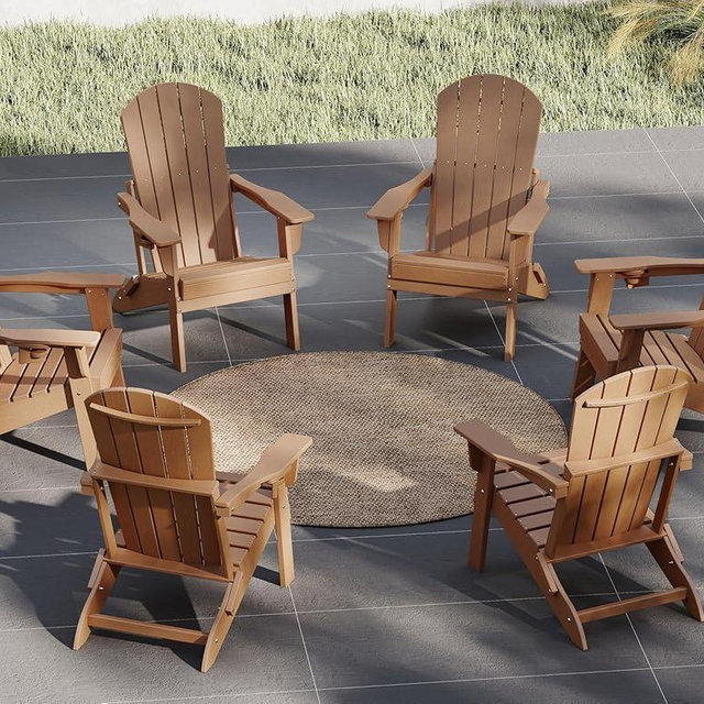Plawdlik Folding Adirondack Chair Set of 6 with Cup Holder，Wooden Textured ，Heavy All-Weather HDPE Comfortable Set Poolside Backyard Lawn, Teak