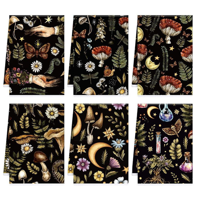 VISSTREE Vintage Mushroom Kitchen Towels, 6 PCS Cottage Core Mushroom Wildflower Soft Absorbent Hand Towels, Absorbent Cottagecore Dishcloths for Holiday Kitchen Bathroom Farmhouse Housewarming Gifts