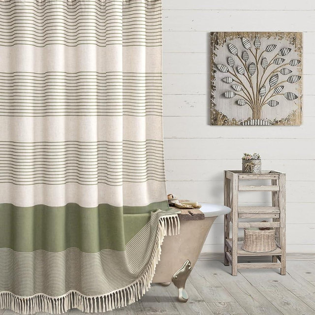 Awellife Farmhouse Shower Curtains for Bathroom,Boho Shower Curtain with Tassels,Green Flax Striped Shower Curtain,Beige Linen Shower Curtain with Hooks,Rustic Shower Curtain Neutral 72x72 Inches