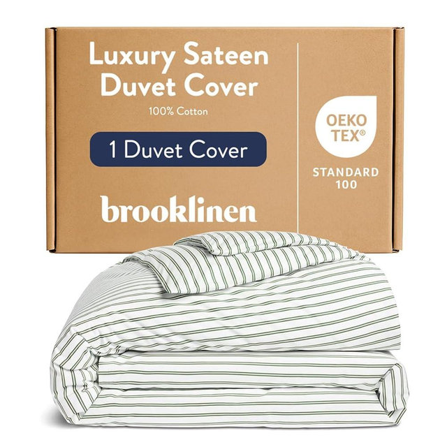 Brooklinen Luxury Sateen Duvet Cover - 100% Cotton, King/California King Size in Green Tandem Stripe with Extra-Long Corner Ties and Button Closure - Best King/Cali King Duvet Covers