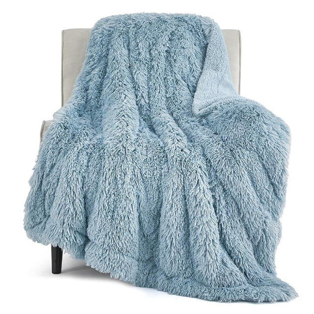 Bedsure Fuzzy Sherpa Faux Fur Twin Blanket Blue Cozy Gifts for Women Men, Soft Fleece Plush Warm Minky Thick Blanket Twin Size for Bed, Couch, Room Decor Dorm Essentials Blue Decor Gifts, 60x80