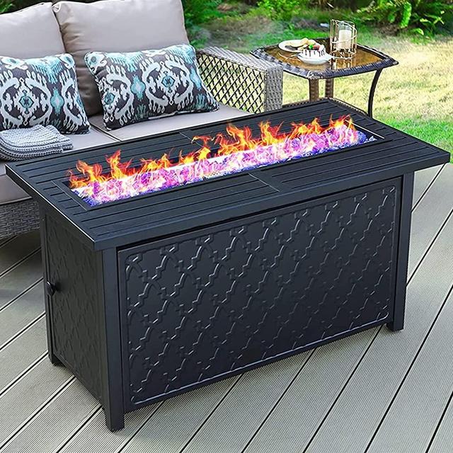 MFSTUDIO 45” Outdoor Rectangular Gas Fire Pit Table，50000 BTU Propane Iron Plate Embossing Fire Table with Lid and Blue Glass for Patio,Backyard and Balcony,Black