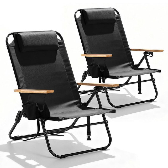 Canpsky 2 Pack Premium 5-Position Reclining Camping Chair - Portable Folding Lightweight Outdoor Chair with Wooden Armrests, Headrest & Pockets, 350lbs Heavy Duty for Beach, Patio, Backyard, Black