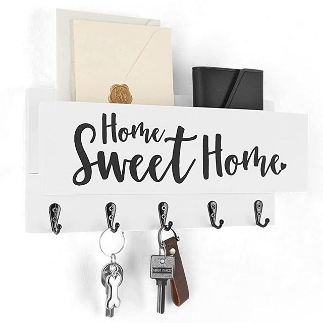 Fipute Mail and Key Holder for Wall, Decorative Entryway Organizer Shelf with Hooks for Dog Leash, Sunglasses, Purses, Coats – 100% Solid Pine Wood Key Hanger 11.8” x 5.9” x 3.2”