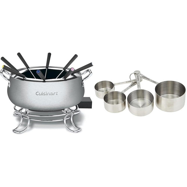 Cuisinart Fondue Pot, 3 Quart, For Chocolate, Cheese, Broth, Oil, Stainless Steel, CFO-3SSP1 & CTG-00-SMC Stainless Steel Measuring Cups, Set of 4,Silver