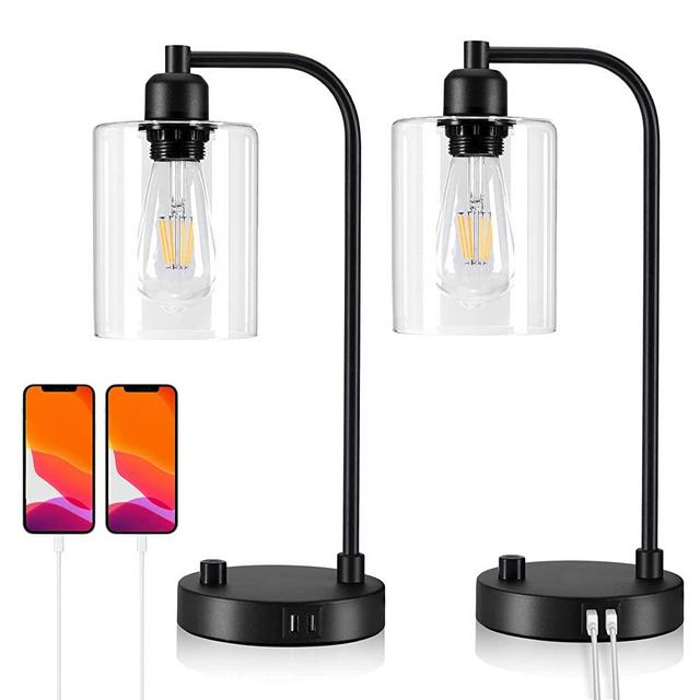 Industrial Bedside Table Lamp Set of 2 - Yarra Decor Fully Dimmable Lamps for Bedroom Modern USB Nightstand Lamp Set with Glass Shade Reading Table Lamps for Dorm, Office (LED Bulb Included)