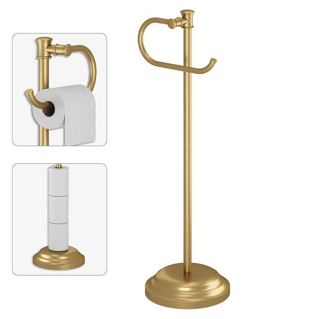 BESy Toilet Paper Holder Free Standing Bathroom Toilet Tissue Holder Stand for Floor Toilet Paper Roll Holder with Storage Hardware Accessories Rack Non Adjustable Brushed Gold Stainless Steel