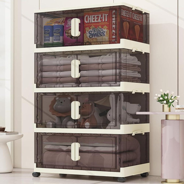 KHNR Storage Bins with Lids,48 Quart Plastic Storage Bins,4 Packs Collapsible Storage Bins with Wheels and Door,Stackable Storage Bins with Lids,Closet Organizers and Storage for Toys,Clothing,Home