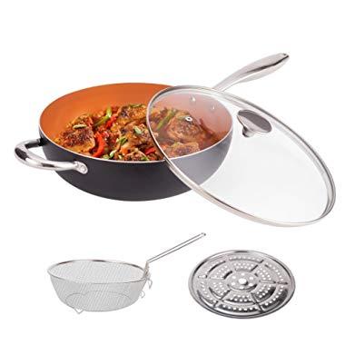 MICHELANGELO 5 Quart Nonstick Woks and Stir Fry Pans With Lid, Frying Basket & Steam Rack, Nonstick Copper Wok Pan With Lid, Ceramic Wok With Lid, Nonstick Frying Wok Flat Bottom, Induction Compatible