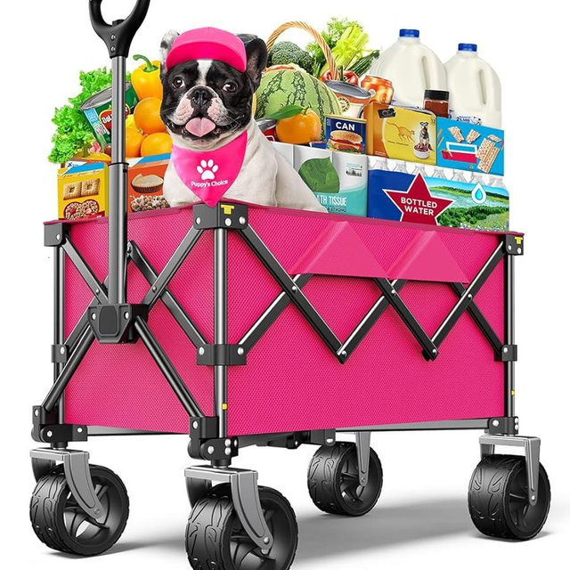 pikulLA Beach Wagon,Collapsible-Wagon 220lbs with Big Wheels FoldableWagon Carts,Portable Utility for Garden Grocery Sports Camping All Terrain-Pink
