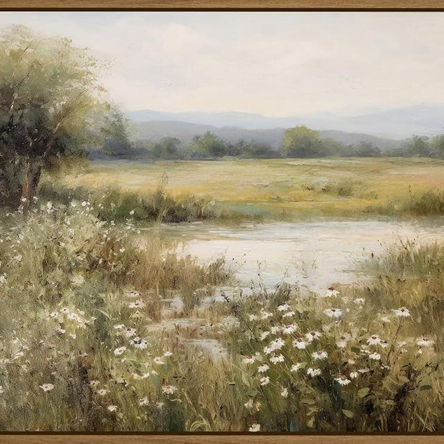 Vintage Landscape Wall Art Spring Wildflower Field Pictures Wall Decor Rustic River Pond Painting Prints Nature Wilderness Scenery Poster Framed for Bedroom Bathroom Home Kitchen Decoration 12x16 Inch