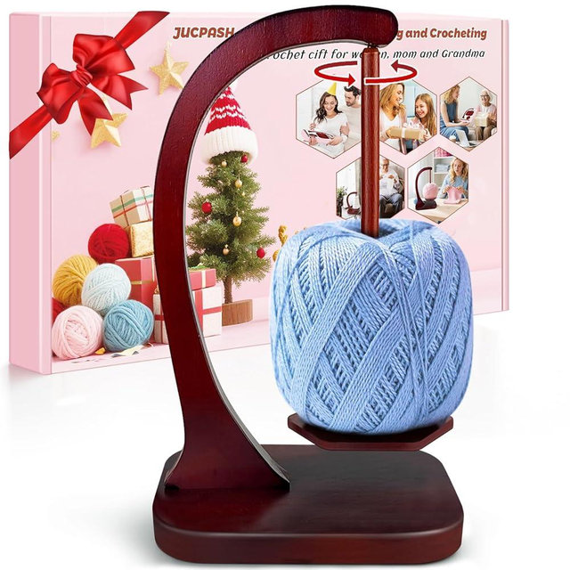 JUCPASH Yarn Holder for Crocheting and Knitting, Wooden Yarn Spinner with Magnetic Rotating Mechanism and Anti-Slip Pads, Crochet Accessories Birthday Gifts for Women Mom Wife Grandma Mother (Brown)