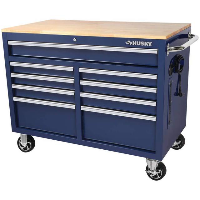 Standard Duty 9-Drawer Mobile Workbench Tool Chest with Solid Wood Top in Gloss Blue