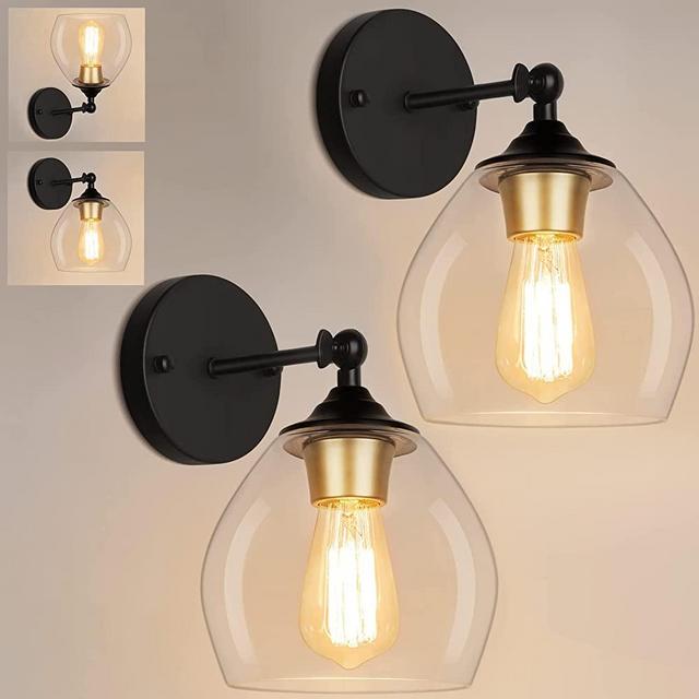 Farmhouse Wall Sconces Set of 2, Vintage Bathroom Vanity Light Fixtures with Glass Shades, Modern Bedside Wall Mount Lamps, Black and Gold Indoor Lighting for Stairwell Hallway Bedroom Living Room