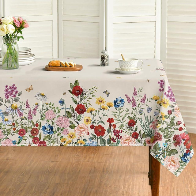 Horaldaily Spring Tablecloth 60×84 Inch Rectangular, Vintage Flowers Beige Washable Seasonal Table Cover for Party Picnic Dinner Decor