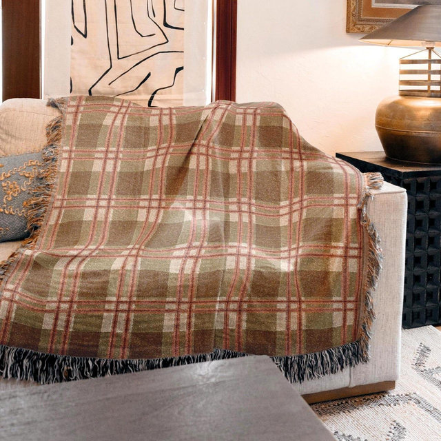 Cotton Woven Throw Blanket | Tapestry Wall Art MCM | Aesthetic Gift | Green Plaid Woven Blanket | Mid Century Modern Minimal Neutral Decor