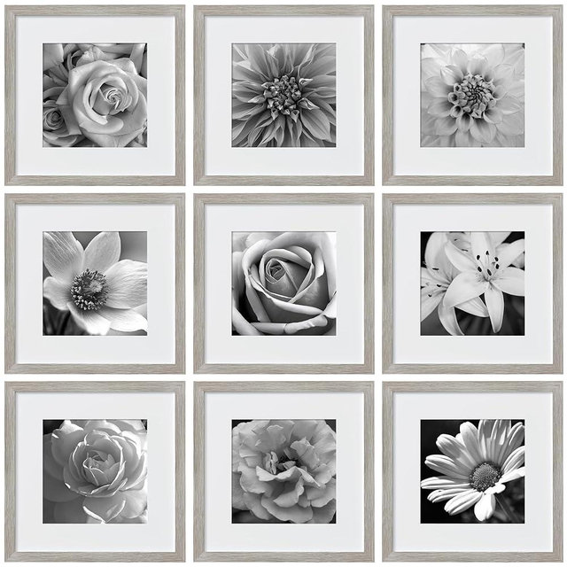 eletecpro 12x12 Picture Frames Set of 9, Farmhouse Gallery Wall Frame Set Displays 8x8 Photos with Mat or 12x12 without Mat, Photo Frames Collage Wall Decor, Beige Drift Wood Home Decor for Hanging