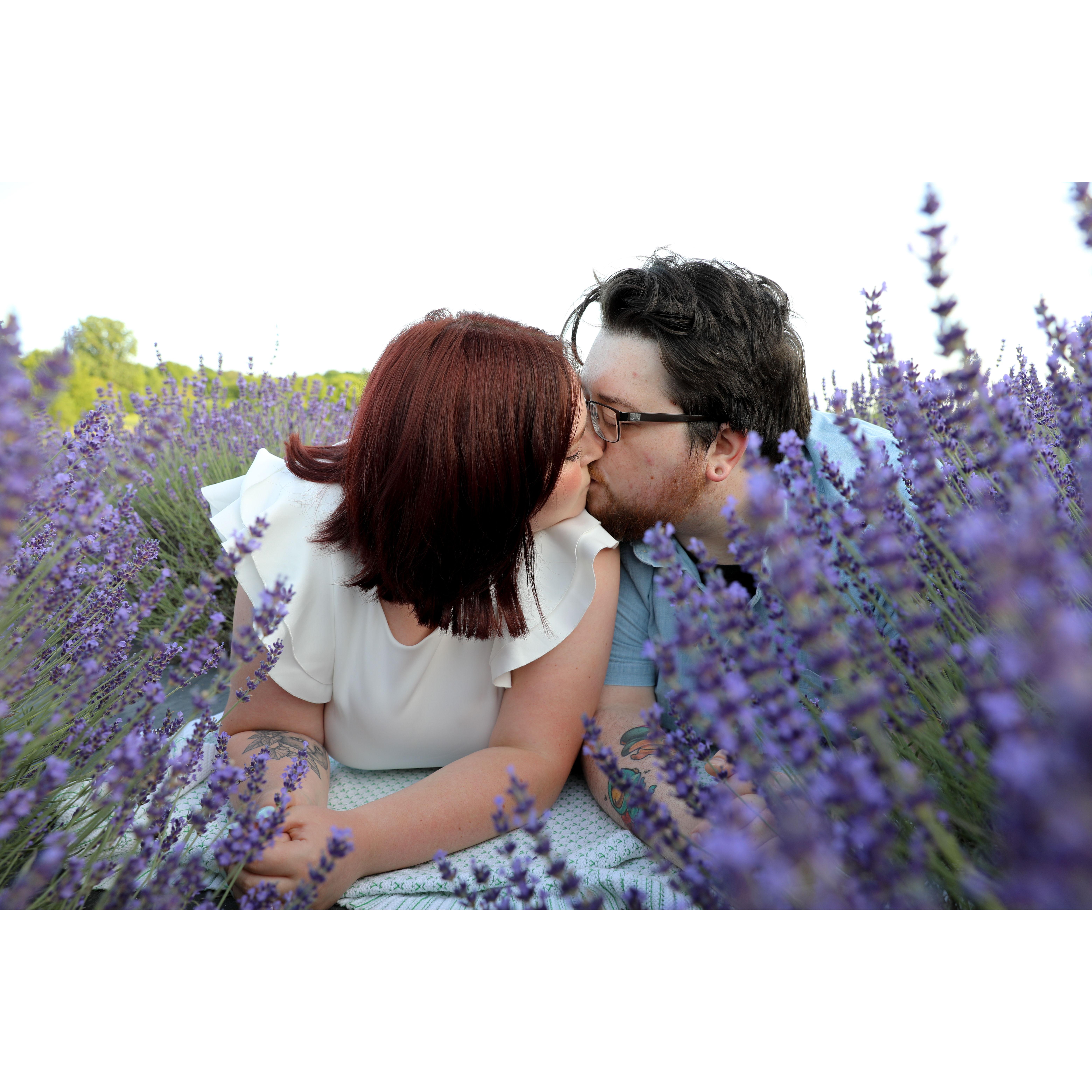 Engagement photoshoot at Sunset Ridge Lavender Farms. Photographer was Bloom Photography, LLC