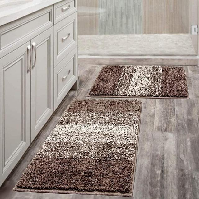Vaukki Luxury Soft Bathroom Rugs Set of 2, Non Slip Washable Plush Bath Floor Mats, Microfiber Shaggy Absorbent Striped Bath Carpet for Tub, Bathroom and Shower (18''x26''+20''x32'', Coffee)