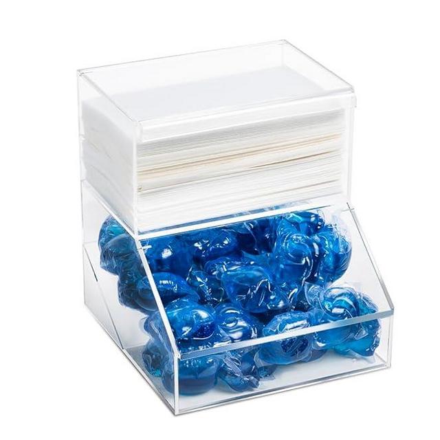 Inevibe Acrylic Laundry Pod Holder & Dryer Sheet Dispenser - 2 Storage Compartments for Pods, Dryer Sheets, Clothes Pins, Cotton Balls, Q-Tips, 2 Lid Container Box for Laundry Room Organization