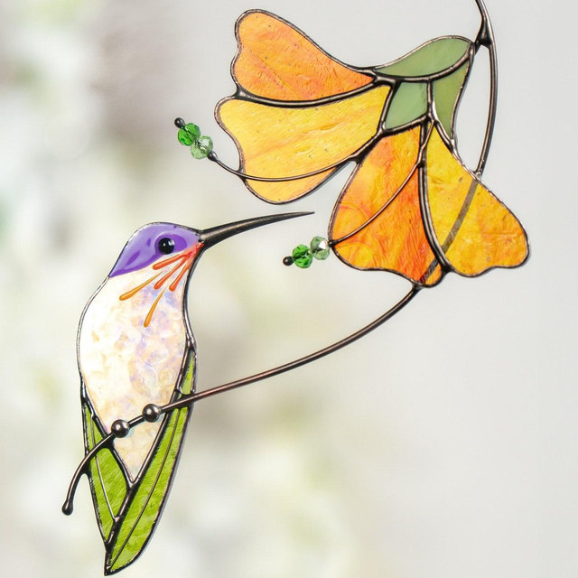 Hummingbird stained glass bird suncatcher Christmas gift Modern stained glass window hangings Custom stained glass flower suncatcher