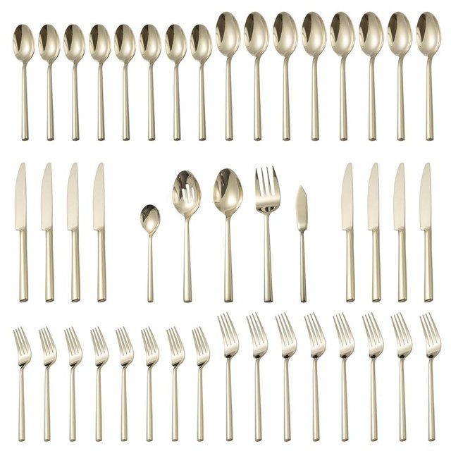 Alata Potter Champagne Gold 45-Piece Forged Silverware Set with Utensil-Serving Set, Service for 8, Stainless Steel Flatware Set, Modern Design with Mirror Finish, Ideal for Home, Kitchen, Party