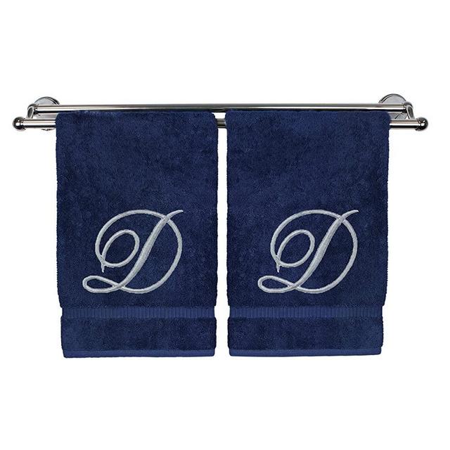 Monogrammed Hand Towel, Personalized Gift, 16 x 30 inches - Set of 2 - Silver Embroidered Towel - Extra Absorbent 100% Turkish Cotton- Soft Terry Finish Bathroom, Kitchen Spa- Script D Navy