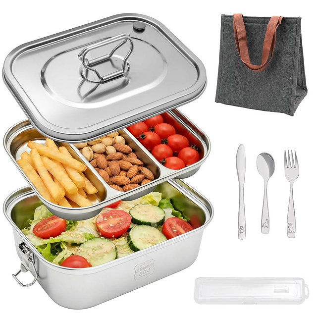 FB4HK 304 Stainless Steel Bento Box - Leakproof 3-Compartment 1800ml (64oz) Lunch Box with Airtight Lid, Water-Resistant Carry Bag & Utensil Set for Work, Picnic, Home