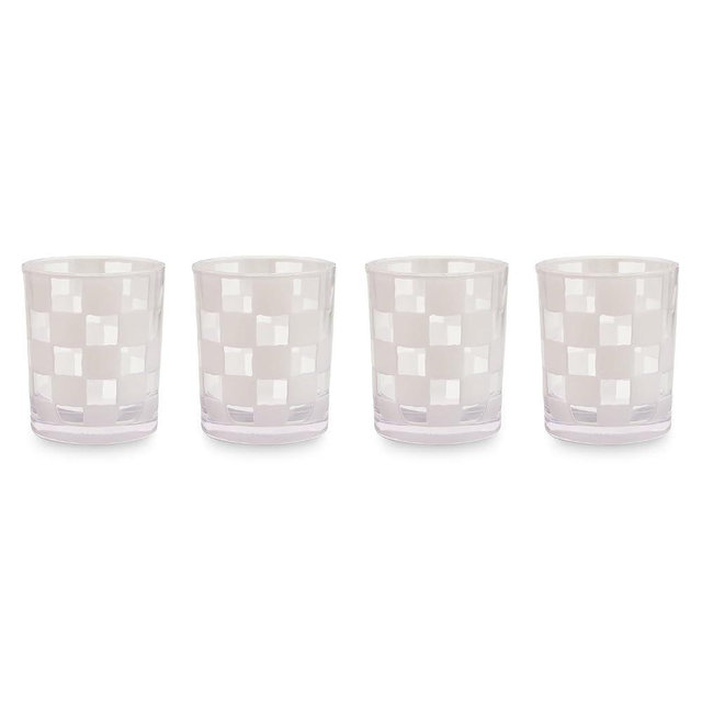 MACKENZIE-CHILDS Set of 4 Acrylic Tumblers, Open Tumbler Cups, Acrylic Cups, 14 Ounces, White Check