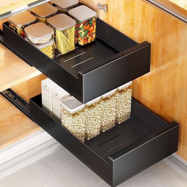 Pull Out Cabinet Organizer Fixed With Adhesive Nano Film,Heavy Duty Storage and Organization Slide Out Pantry Shelves Sliding Drawer Pantry Shelf for Kitchen,Living Room,Home, 11.8"W x16.9"D x 3.1"H