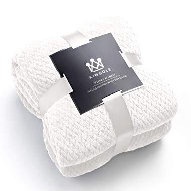 Kingole Flannel Fleece Luxury Throw Blanket, Cream White Queen Size Jacquard Weave Pattern Cozy Couch/Bed Super Soft and Warm Plush Microfiber 350GSM (90”x90)