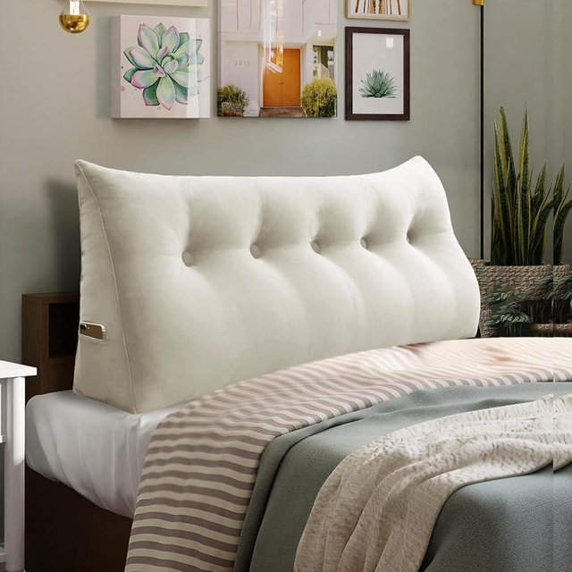 Rucener 11 lbs Thickened Queen Headboard Pillow for Sitting Up in Bed, Back Support Reading Pillow with Side Pocket and Velvet Removable Cover, Triangular Large Wedge Headboard Pillow