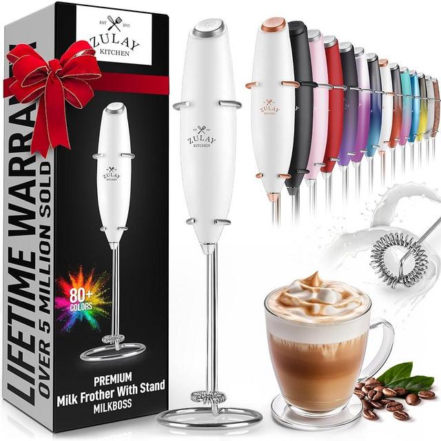 Zulay Kitchen Powerful Milk Frother Handheld Foam Maker for Lattes - Whisk Drink Mixer for Coffee, Mini Foamer for Cappuccino, Frappe, Matcha, Hot Chocolate by Milk Boss (Blizzard White)