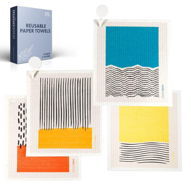 MAISONOVO Swedish Dishcloths for Kitchen | Reusable Paper Towels with Hook | Biodegradable and Reusable Paper Towels Washable | Swedish Dishcloth Reusable Paper Towel | Abstract Pack of 4