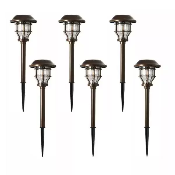 Solar Brass Outdoor Integrated LED 2500K 10-Lumens Vintage Bulb Landscape Pathway Light Set (6-Pack)