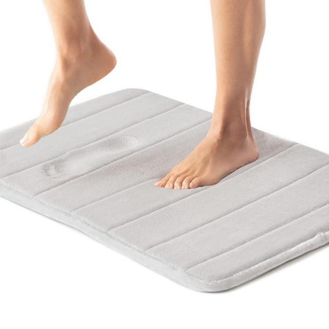 Gorilla Grip Memory Foam Bath Rug, 30x20, Thick Soft Striped Bathroom Mat, Absorbent Decorative Mats, Machine Washable, Durable Backing, Luxurious Comfortable Rugs for Shower and Tub Floor, Light Gray