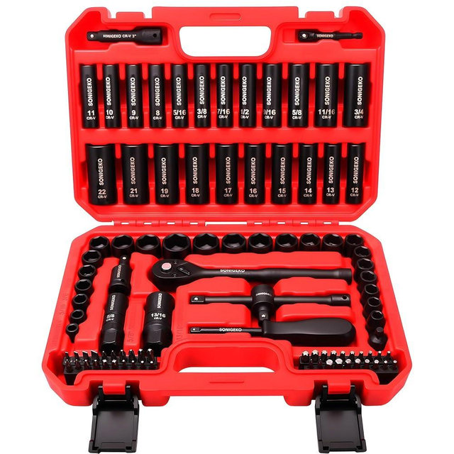 SONIGEKO Socket Set 3/8" Drive Impact 95-Piece 6 Point Deep, Standard SAE and Metric CR-V Steel Sockets with Drive Ratchet Handle (3/8" 95 PCS Socket Set,Metric and SAE)