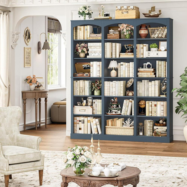 FACBOTALL 71" Triple Wide Bookshelf, 6 Tier Tall Bookshelf, Large Arched Bookcase with Curved Baffle, 63.4" Wide Book Shelf with 18 Open Display Shelves for Living Room, Study, Blue