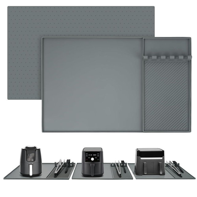Boribim 24x16 Inch Silicone Mat for Kitchen Counter, Kitchen Essentials and Gadgets - Silicone Air Fryer and Coffee Mat Set - Heat Resistant Mat for AirFryer, Microwave, Oven, Coffee Machine (Gray)