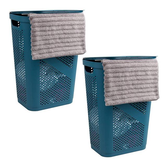 Mind Reader Basket Collection, Slim Laundry Hamper, 60 Liter (15g/33lbs) Capacity, Cut Out Handles, Attached Hinged Lid, Ventilated, Set of 2, Blue