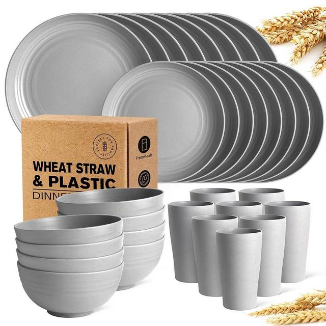 Teivio 32-Piece Kitchen Plastic Wheat Straw Dinnerware Set, Service for 8, Dinner Plates, Dessert Plate, Cereal Bowls, Cups, Unbreakable Colorful Plastic Outdoor Camping Dishes, Light Gray