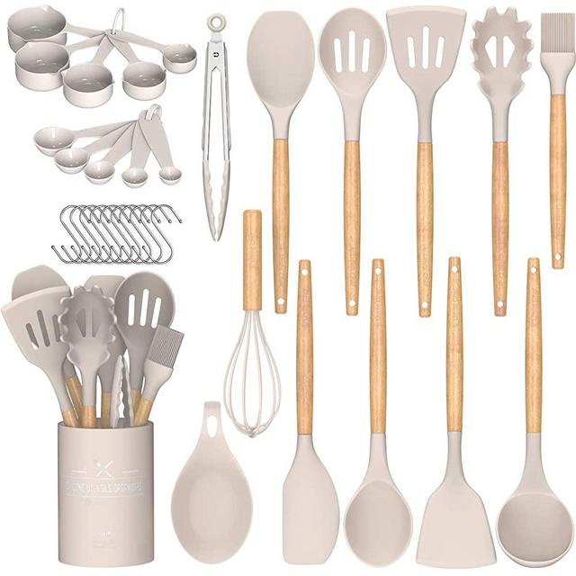 Umite Chef Kitchen Cooking Utensils Set, 24 pcs Non-stick Silicone Cooking Kitchen Utensils Spatula Set with Holder, Woodle Handle Heat Resistant Silicone Kitchen Gadgets Utensil Set (Khaki)