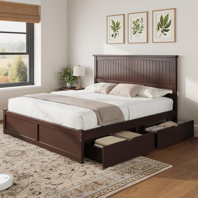 AMERLIFE King Size Solid Wood Platform Bed Frame with 50" Headboard, 2 Storage Drawers, Espresso Walnut
