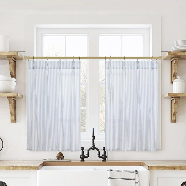 Lino Rosa Decorative Curtains for Kitchen,Two Color Block Print Pinch Pleated Beachy Curtains for Bathroom Bedroom,Pale Powder Blue