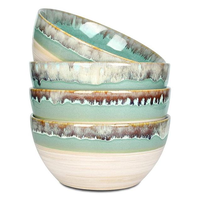 Bosmarlin Stoneware Soup Bowl Set of 4, 26 Oz, Cereal Bowl for Oatmeal, Salad, Dishwasher and Microwave Safe, Reactive Glaze (Green, 6 in)