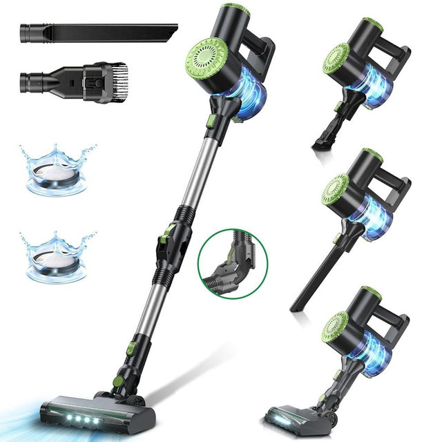 Cordless Vacuum Cleaner, Self-Standing Vacuum Cleaners with 180° Foldable Rod Rechargeable Cordless Vacuum 6 in 1 Lightweight Stick Vacuum with Powerful Suction，for Pet Hair Hardwood Floor (Green)