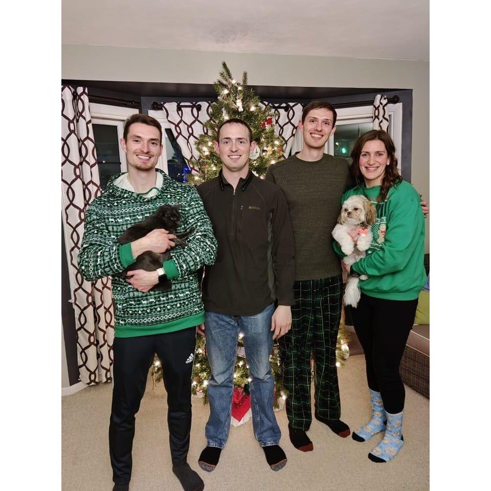 Christmas with Mark's family. Pictured his brothers Joel and Steven. And can't forget Nova and Rye.